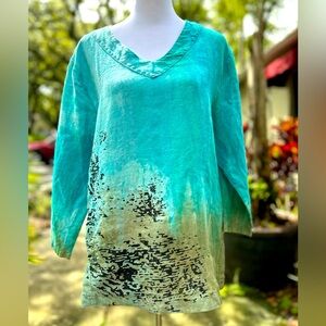 Art of Cloth Artsy Tunic 100% Linen made in the USA Multicolor V Neck